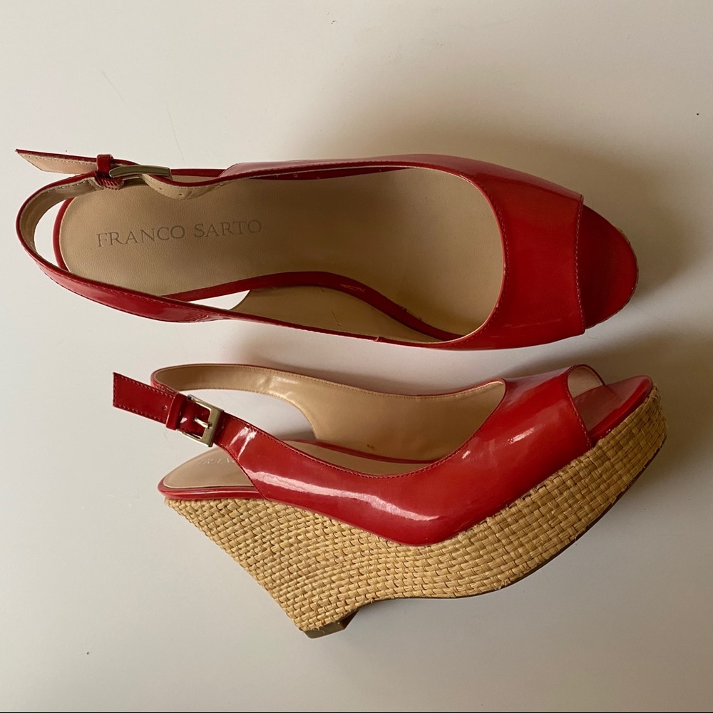 Red Patent leather sling back wedge sandals